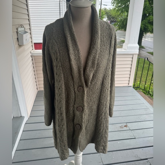 DENIM 24/7 Cozy Women's Cable Knit Cardigan Sweater Generous M Greenish Tan VGUC - Picture 1 of 6